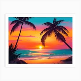 A Tranquil Beach At Sunset Horizontal Illustration 5 Art Print