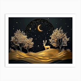 3d Artwork Night Landscape with A Dark Black Background with Stars and Moon, Golden Tree Art Print