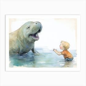 Boy Talking To A Walrus Art Print