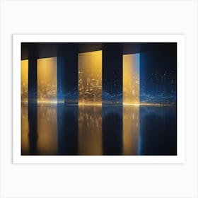 Abstract Image Of A Futuristic City Scene With Glowing Golden Windows And A Reflective Floor, Creating A Sense Of Depth And Mystery Art Print