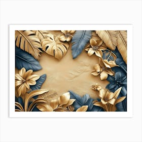 3d Tropical Leaves Art Background Golden 1 Art Print