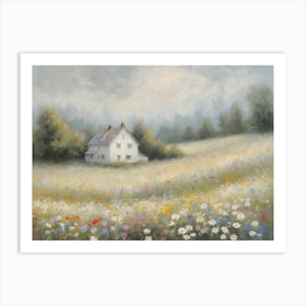 Neutral Tones Country Farmhouse Print in a Wildflowers Meadow on a Misty Day - Oil Painting Little Ranch Cottage in a Vast Open Field for Cream Beige Feature Wall in HD Art Print