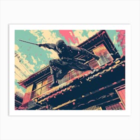 1960s Japanese Pop Art showing a Ninja jumping off a roof Art Print