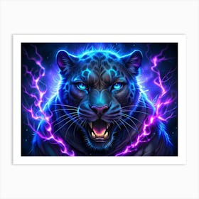 Fierce Black Panther With Electric Blue Eyes And Lightning Art Print