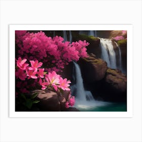Vibrant Azalea Flowers Near A Waterfall Art Print