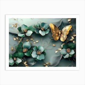 Gold Butterfly With Green Flowers Art Print