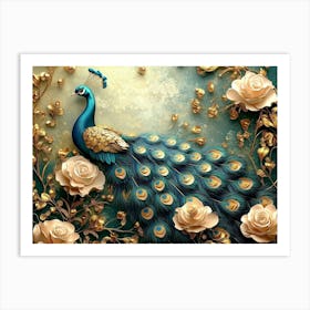 3d Peacock Illustration Background with Golden Jewelry and Flowers 1 Art Print