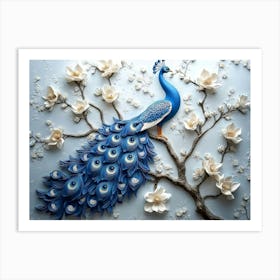 3d Blue Peacock On Branch Art With Flowers Art Print