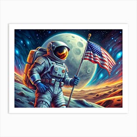 Astronaut Planting Us Flag On The Moon With Moon In The Background Art Print