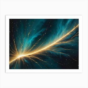 Abstract Cosmic Scene With A Bright, Golden Streak Of Light Cutting Through A Dark Blue Nebula Art Print