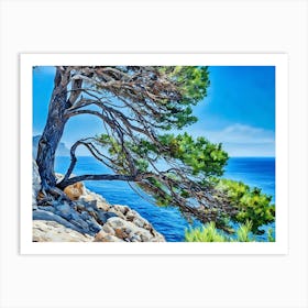 Mediterranean Coastline. A lone tree with thick, gnarled branches leans dramatically over a rocky cliff, its green foliage framing a breathtaking view of the azure Mediterranean Sea. The sky is a vibrant blue, contrasting with the deep blue of the water. The rocky terrain suggests a rugged and wild coastline, while the tree's graceful form adds a touch of serenity to the scene. Art Print