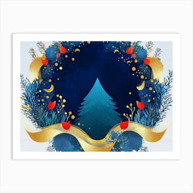 Dark Blue Art From The Contemporary Era Christmas Tree, Mountain, Deer, Birds and Waves 1 Art Print