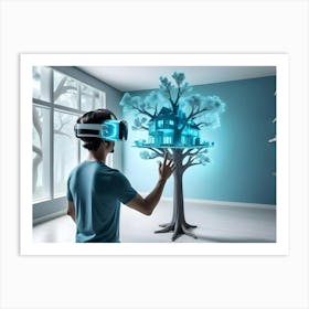 A Man Wearing A Vr Headset Explores A Virtual Treehouse Art Print