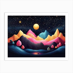 3d Modern Night Landscape, Colorful Mountains, Trees, Dark Black Background with Stars and Moon Art Print