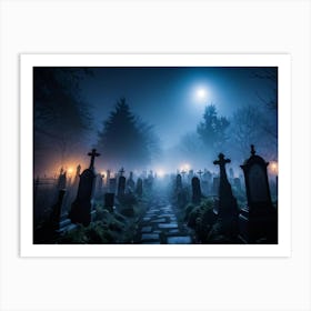 Cemetery Enveloped In A Dense Creeping Fog Under A Moonlit October Sky Gravestones With Skittish 2 Art Print