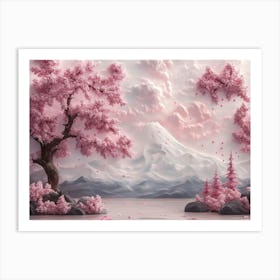 3d Beautiful Sakura Tree and Mountain 1 Art Print