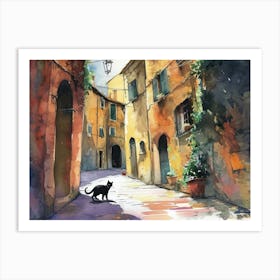 Black Cat In Cesena, Italy, Street Art Watercolour Painting 2 Art Print