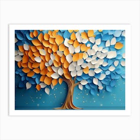 Colorful Tree With Leaves On Hanging Branches Of Blue, White And Golden 8 Art Print