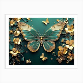 3d Abstract Floral Background with Green Flowers and Golden Butterfly 1 Art Print