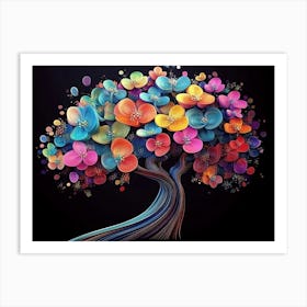 3d Tree Abstract Colorful Flower Art on Black, 3d Abstraction Art Print