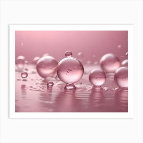 Abstract Composition With Translucent, Pink Water Droplets Of Various Sizes Resting And Bouncing On A Liquid Surface, Creating Delicate Reflections And Ripples Art Print