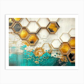 A Rich Oil On Canvas Artwork With Abstract Golden Hexagons, White Lattice, And Splashes Painting Art Print