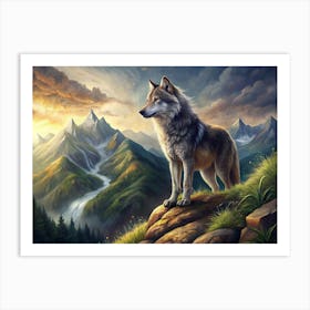 Wolf Standing On A Mountain Peak At Sunset Art Print