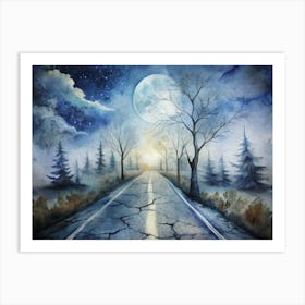 A Cracked Road Under A Full Moon Surrounded By L (1) Art Print