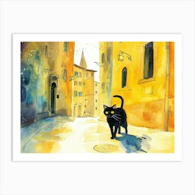 Black Cat In Florence Firenze, Italy, Street Art Watercolour Painting 1 Art Print