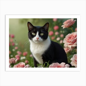 Black And White Cat With Roses Art Print