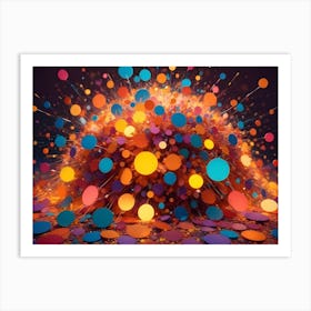 An Explosion Of Colorful Confetti And Circles Against A Dark Background With A Scattering Of Confetti On The Ground Art Print