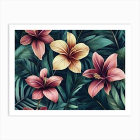 Tropical Seamless Pattern with Exotic Flowers and Leaves 6 Art Print