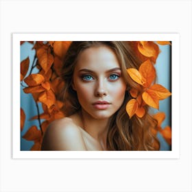 Artistic portrait beautiful woman blue eyes behind orange autumn leaves 2 Art Print