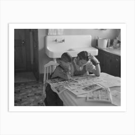 Children Reading Sunday Papers, Rustan Brothers Farm Near Dickens, Iowa, Note Convenience Of Running Water In Art Print