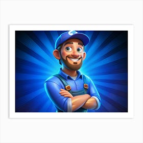 Smiling Mechanic With Crossed Arms On A Blue Background Art Print