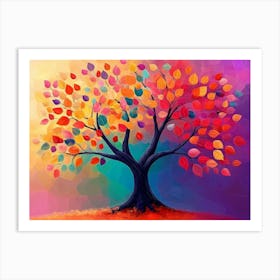 Colorful Tree with Vibrant Leaves Hanging Branches Illustration Art Print