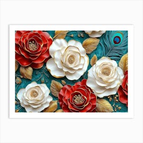 3d Pattern Diamond with Crimson, Turquoise and Golden Roses Flowers Art Print