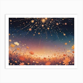 A Whimsical Illustration Of A Field Of Flowers With A Sunset Sky And Falling Golden Stars Art Print