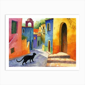 Black Cat In Latina, Italy, Street Art Watercolour Painting 2 Art Print