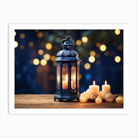 Blue Lantern With Candles On Wooden Table Art Print