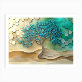 A Striking 3d Artwork Of A Tree With Turquoise And Blue Leaves 1 Art Print