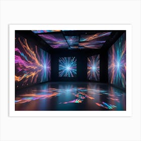 An Empty, Dark Room With A Reflective Floor And Three Screens Displaying Abstract, Colorful, Glowing Patterns Resembling Fireworks Or Galaxies Art Print