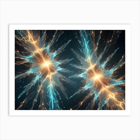 Abstract Composition Of Two Glowing, Star Like Shapes In Blue And Orange Hues Against A Dark Background, Suggesting Energy Or Power Art Print