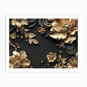 3d Golden Jewelry And Flowers In Black Design 1 Art Print