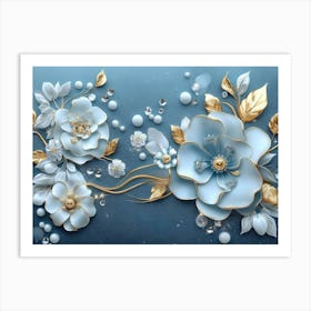 3d Artwork Illustration White and Blue Background with Golden Jewelry and Flowers 5 Art Print