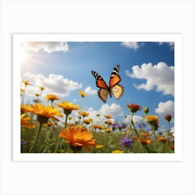 Vibrant Meadow With Colorful Wildflowers And A Monarch Butterfly In Flight Under A Sunny Sky With Fluffy White Clouds Art Print