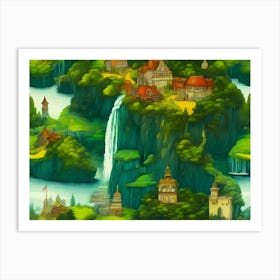Mystical Fantasy Water Island Village In A Colorful Painting Art Print