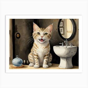 Cat In Bathroom Art Print