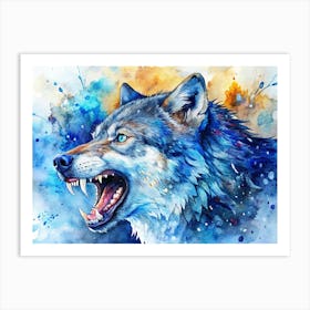 Watercolor Illustration Of A Wolf With Blue Fur And Yellow Eyes Art Print