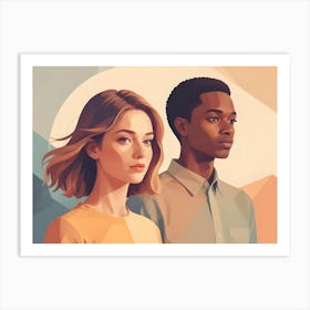 A Stylized Illustration Of A Young Woman And A Young Man, Both Looking Forward Art Print